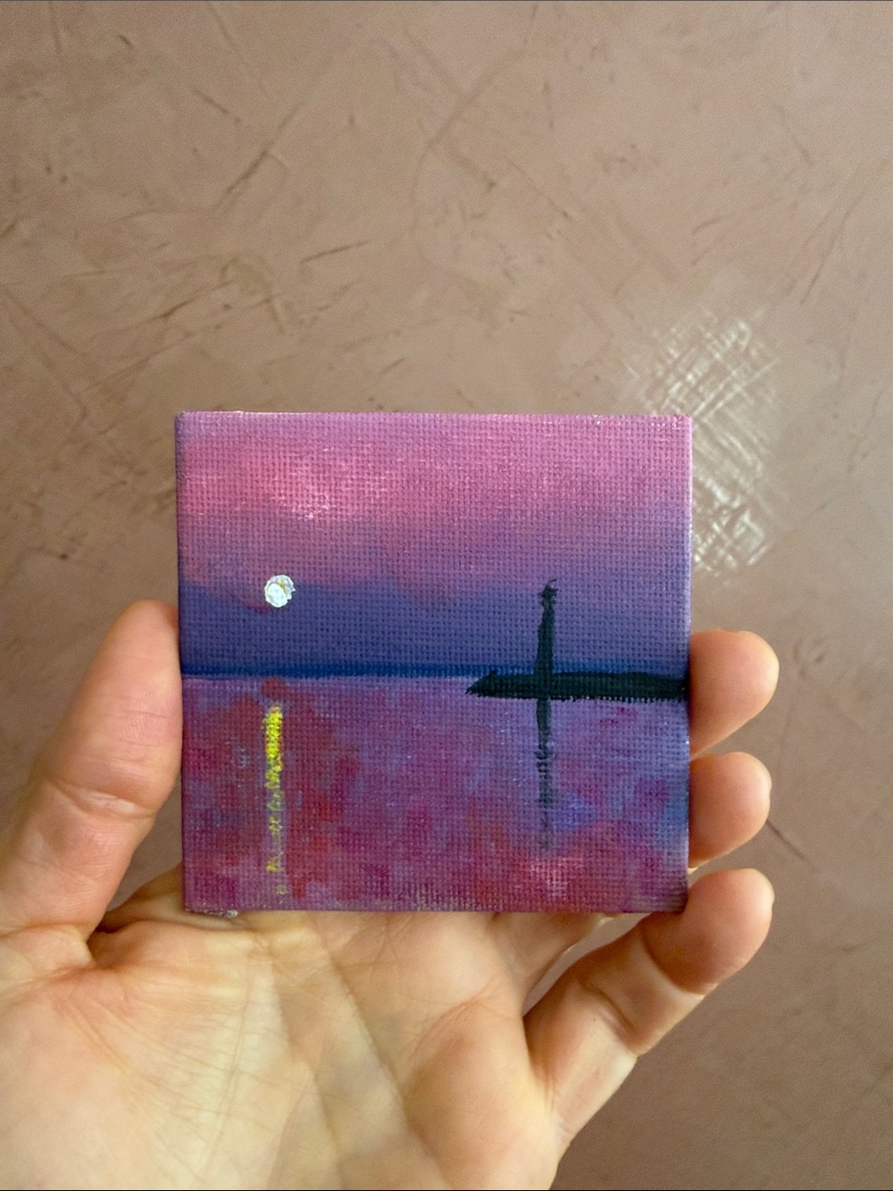 Handmade Miniature Ocean Sunset Canvas Art - Pink and Purple